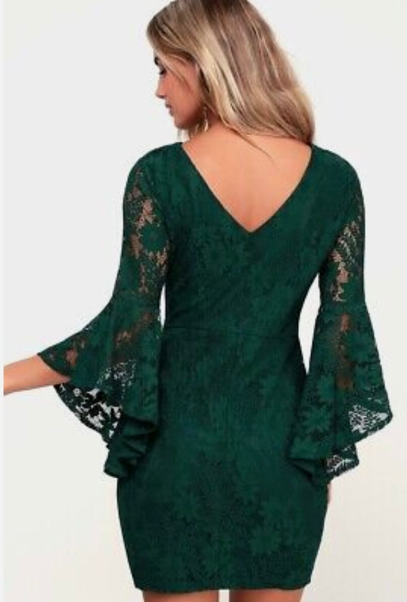Forest Green Lace Flounce Sleeve Dress
