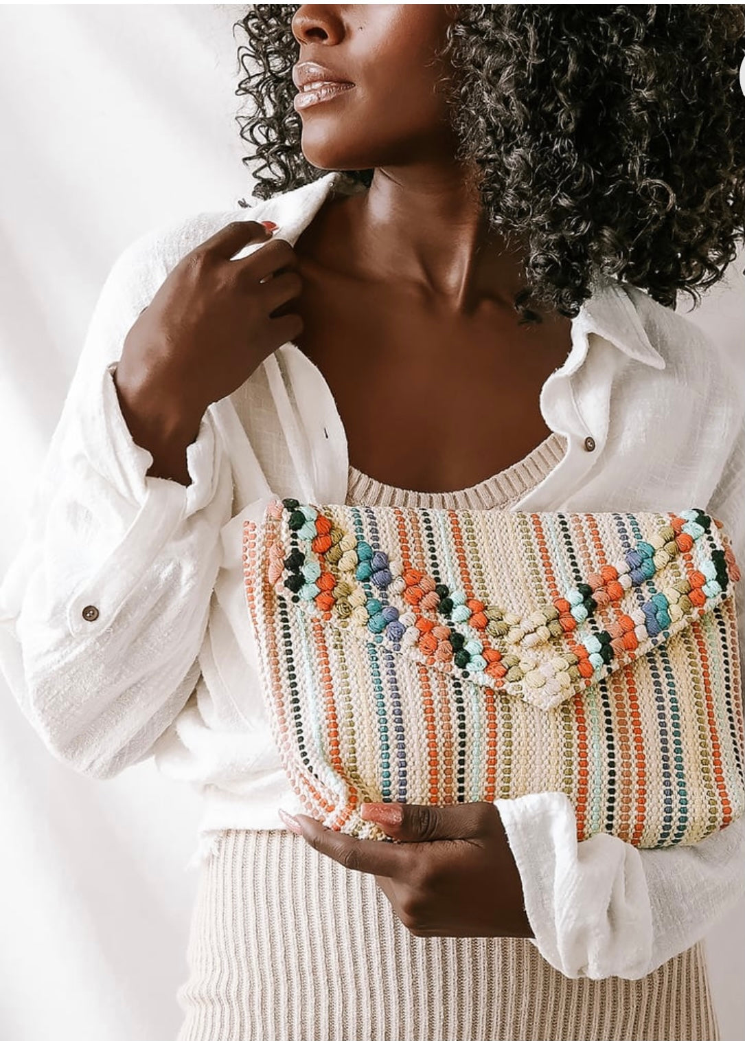 Beige Multi Striped Woven Clutch