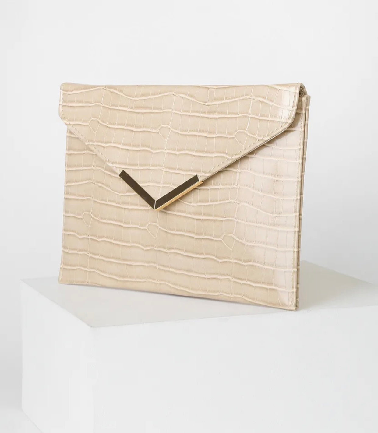 Beige Crocodile Embossed Envelope Clutch