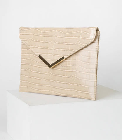 Beige Crocodile Embossed Envelope Clutch