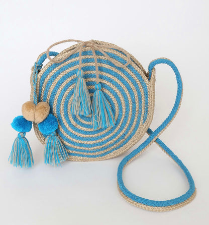 Blue and Beige Woven Circle Crossbody Bag