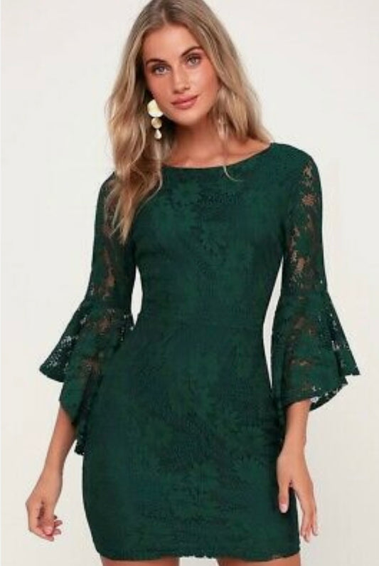 Forest Green Lace Flounce Sleeve Dress