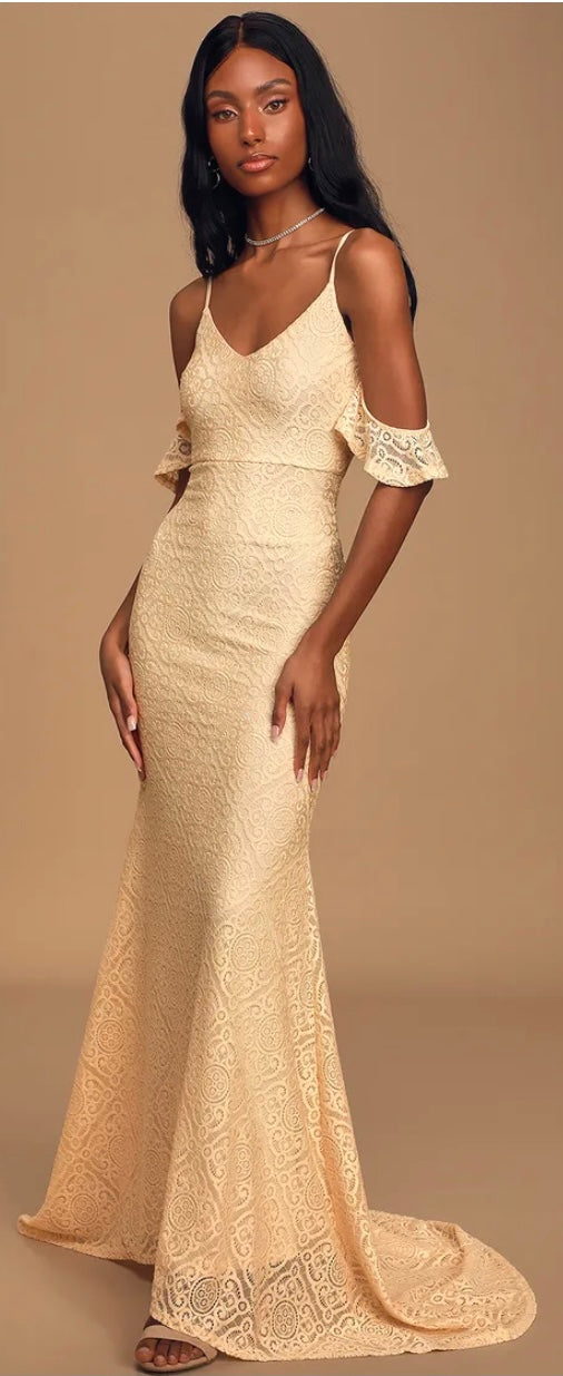 Cream Lace Off Shoulder Mermaid Maxi Dress