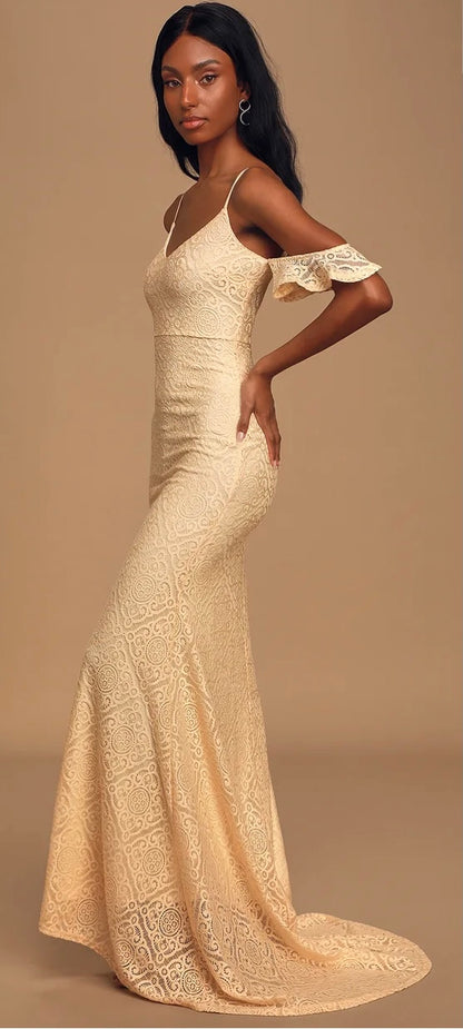 Cream Lace Off Shoulder Mermaid Maxi Dress