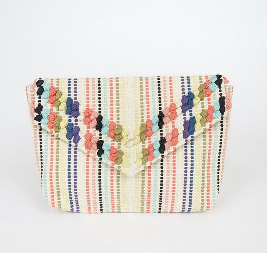Beige Multi Striped Woven Clutch