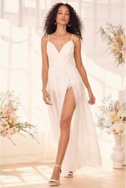 Dramatic Reveal White Lace Maxi Bodysuit Dress