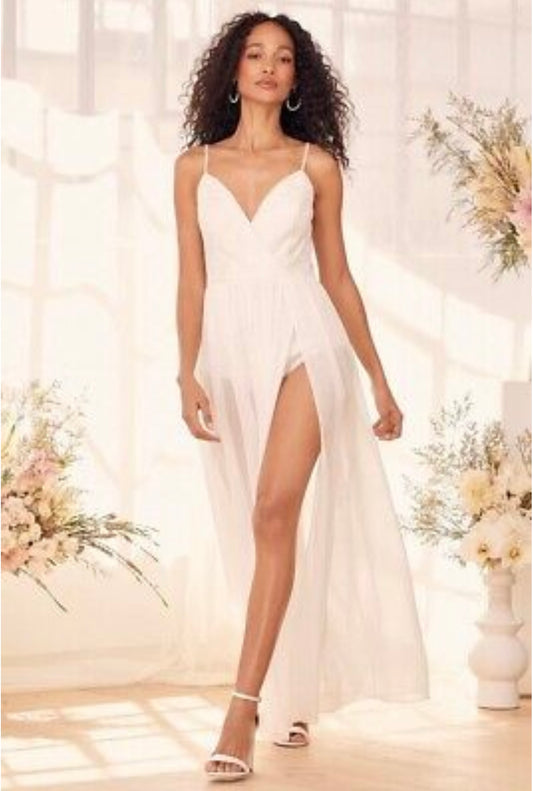 Dramatic Reveal White Lace Maxi Bodysuit Dress