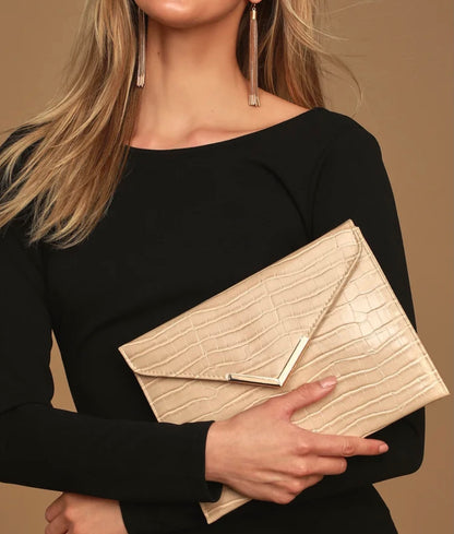 Beige Crocodile Embossed Envelope Clutch