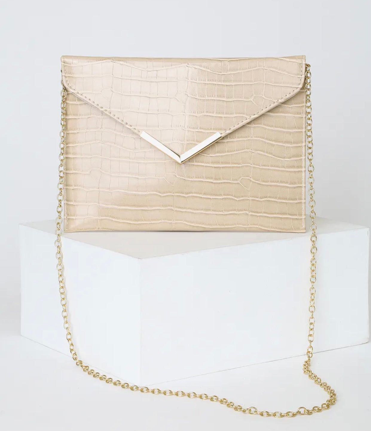 Beige Crocodile Embossed Envelope Clutch
