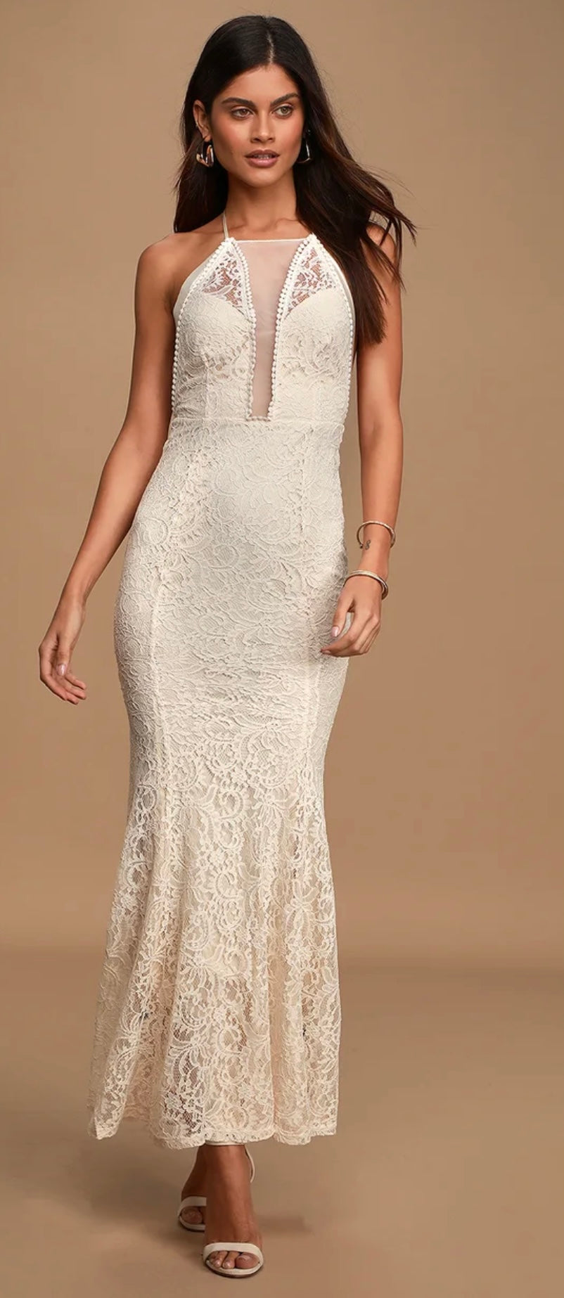 Cream Satin Lace  Mermaid Maxi Dress