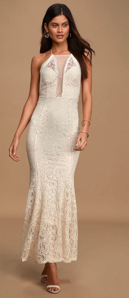 Cream Satin Lace  Mermaid Maxi Dress