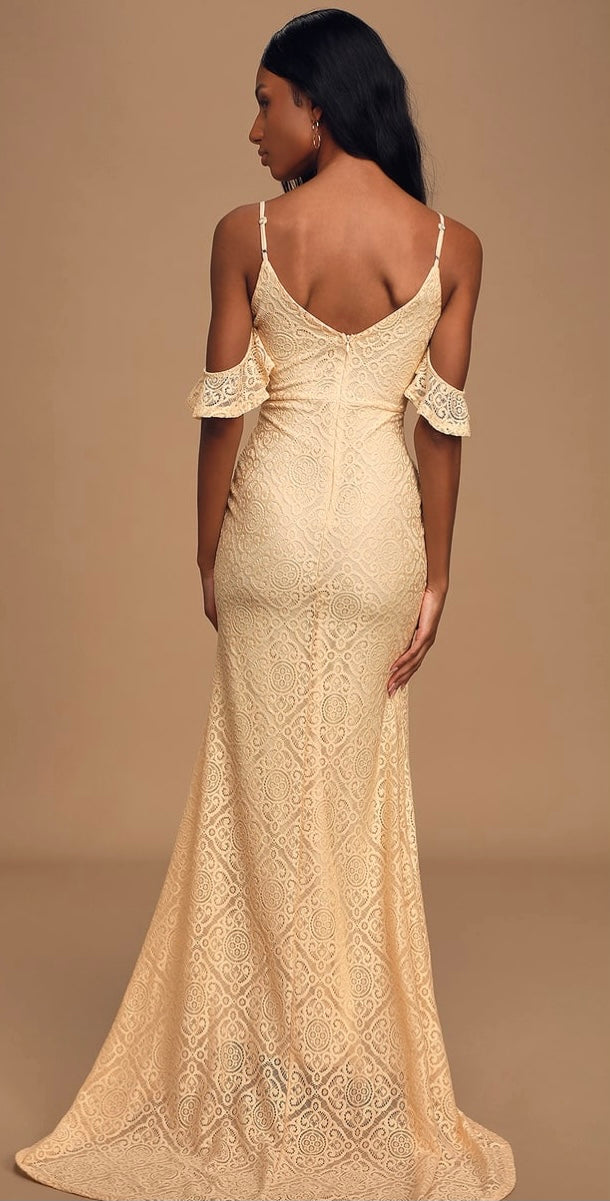 Cream Lace Off Shoulder Mermaid Maxi Dress