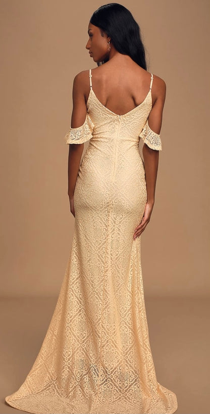 Cream Lace Off Shoulder Mermaid Maxi Dress